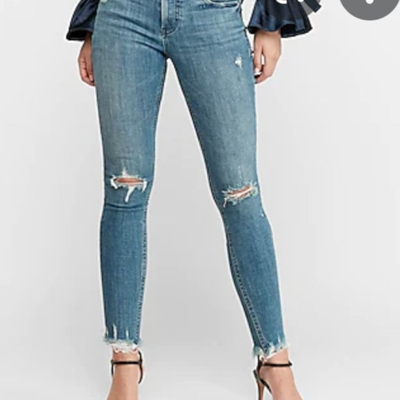 High Waisted Hyper Stretch Ripped Raw Hem Skinny Jeans - Picture 5 of 8